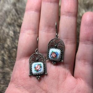 Vintage 800 silver (?) USSR Russian enamel filigree flower earrings